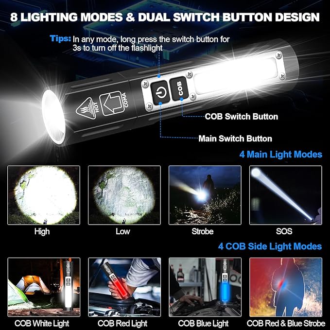 Small LED Rechargeable Magnetic Flashlights 20000 High Lumens - Super Bright Long Beam Pocket Powerful Flashlight 8 Modes with COB Work Light, Dual Button Tactical Flashlight for Camping Emergency