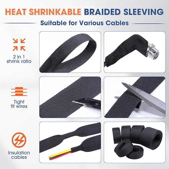 2:1 Heat shrinkable Braided Sleeving Fabric Wire Loom High Temp Heat Shrink Wiring Harness Abrasion Protector Cable Sleeve(3/8"-34ft)