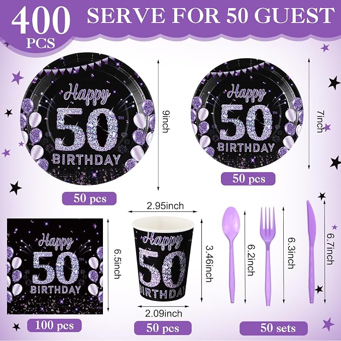 Pickmesh 400 Pcs 50th Birthday Party Supplies Purple Black Happy 50th Birthday - Image 2