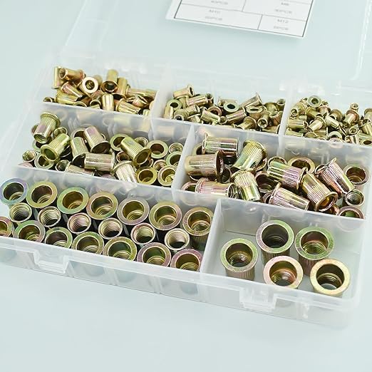 300pcs Metric Rivet Nut Assortment Kit，M3 M4 M5 M6 M8 M10 M12 Flat Head Rivnut Set, Metric Carbon Steel UNC Nutserts Rivnut, Zinc Plated, Flat Head Insert Nut Assort