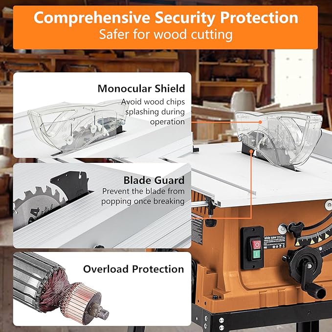 10 Inch Table Saw with Stand, 15 Amp 5000RPM Portable Table Saw, 90°Cross Cut & 0-45°Bevel Cut, Adjustable Depth, Multifunctional Saw for Woodworking, Metal, Plastic, Orange