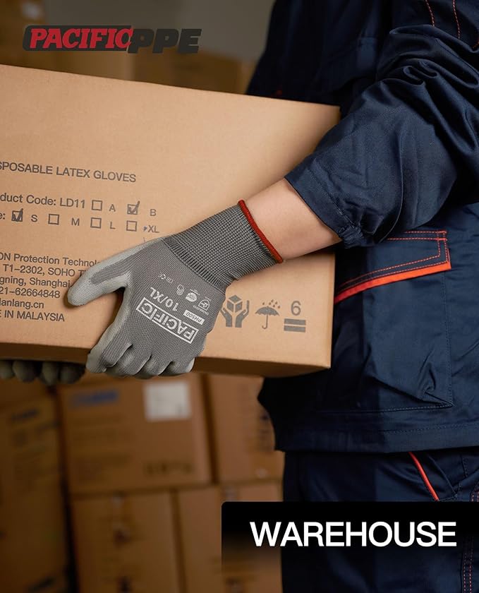 PACIFIC PPE Work Gloves PU Coated-18 Pairs, Touchscreen Working Gloves for Men and Women, Mechanic Gloves, Lightweight, Grey, Small