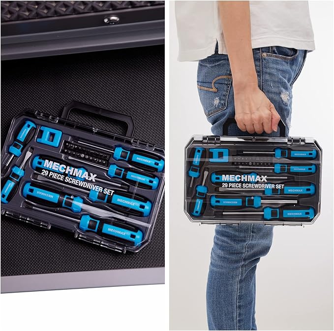 29Piece MECHMAX Magnetic Screwdriver Set with Assorted Bits Includes Phillips, Slotted, Star, Hex & Square Bits, Features Magnetizer/Demagnetizer & Storage Case, Hand Tool Kit for Home Repair