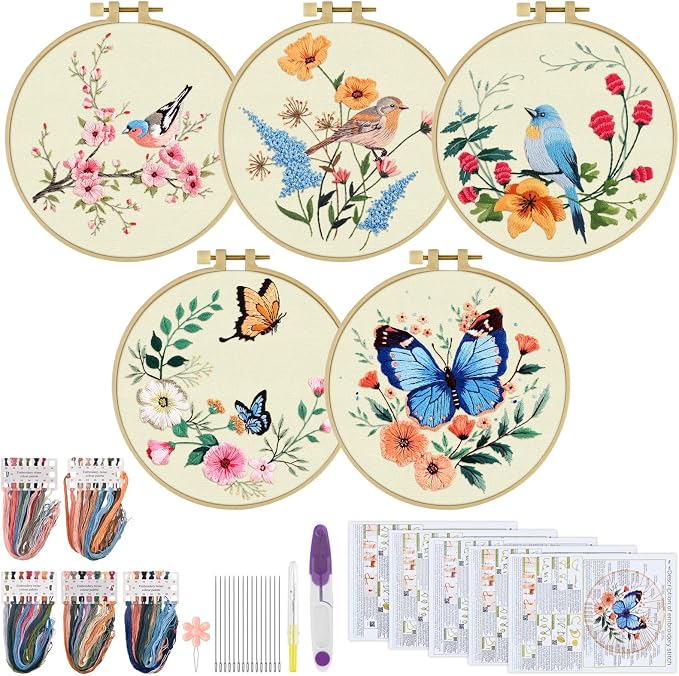 ERKOON 5 Sets Embroidery Kit for Beginners, Hummingbird Cross Stitch Set for by ERKOON