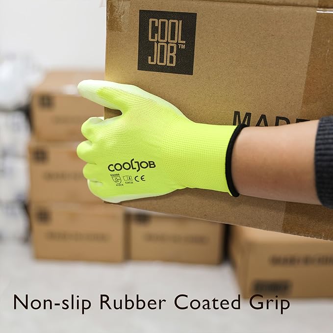 COOLJOB 60 Pairs Safety Work Gloves Pack Bulk with Grip PU Coating, 13 Gauge Seamless Knit Gloves with Polyurethane Dipped for Warehouse Working, Breathable Lightweight for Men Women, Yellow Small