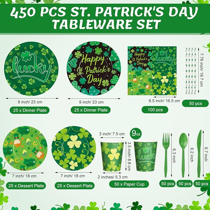 450 Pcs Happy St. Patrick's Day Tableware Set Decorations, Lucky Green Shamrock - Image 2