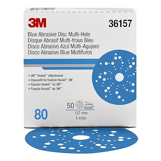 3M Hookit Blue Abrasive Discs 36157, Multi-Hole, 5 in, 80+ Grade, Pack of 50, Virtually Dust-Free, for Auto Sanding, Body Repair, Featheredging, Primer Sanding, Paint Preparation, E-Coat Sanding