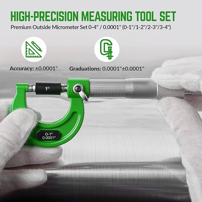 Premium Outside Micrometer Set 0-4" / 0.0001" (0-1"/1-2"/2-3"/3-4") Precision Machinist Tools w/Carbide Tips, Standards, Ratchet Stop, Green