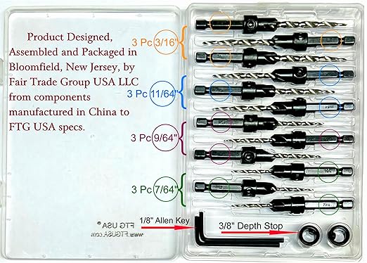 FTG USA Countersink Drill Bit Set for Wood with Tapered Drill Bit - #4 (7/64"), #6 (9/64"), #8 (11/64"), #10 (3/16")