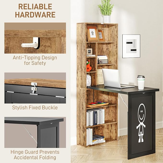 HOMCOM Foldable Convertible Writing Table Computer Desk, Rustic Brown | Wall - Image 7