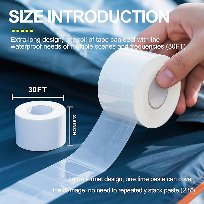 Waterproof Repair Tape for Fabric,RV Awning,Boat Covers,Tents,Tarp,Heavy Duty Outdoor Repair Patch - 3.3IN x 30FT（Transparent）