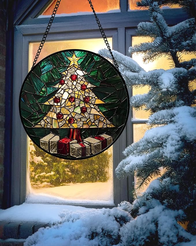 Stained Glass Window Hanging -Golden Christmas Tree Suncatcher - Image 3