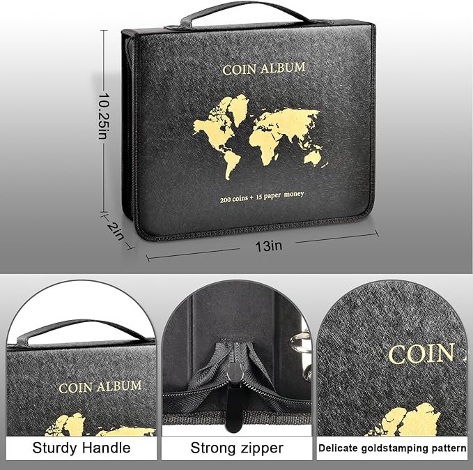 ANKHOH Zippered Coin Collection Book, 200 Pockets and 30 Bill Sleeves | PU - Image 2