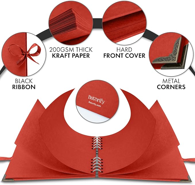 Bstorify Square Scrapbook Photo Albums 7 x 7 Inch Red Thick Paper, Metal Corners - Image 3