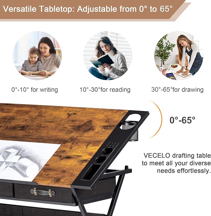 VECELO Drafting Table Art Desk Art Table Adjustable Drawing Table Tilted - Image 4