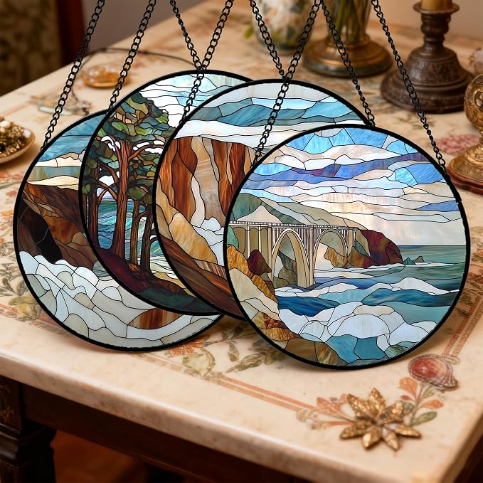DASTOLL Stained Glass Window Hanging 4 Pcs Set Ocean Waves 7.8" - Image 2