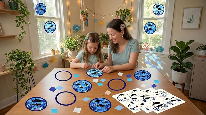 48PCS Summer Crafts: Paper Shark Suncatchers DIY Kits, Window Stained Glass - Image 3