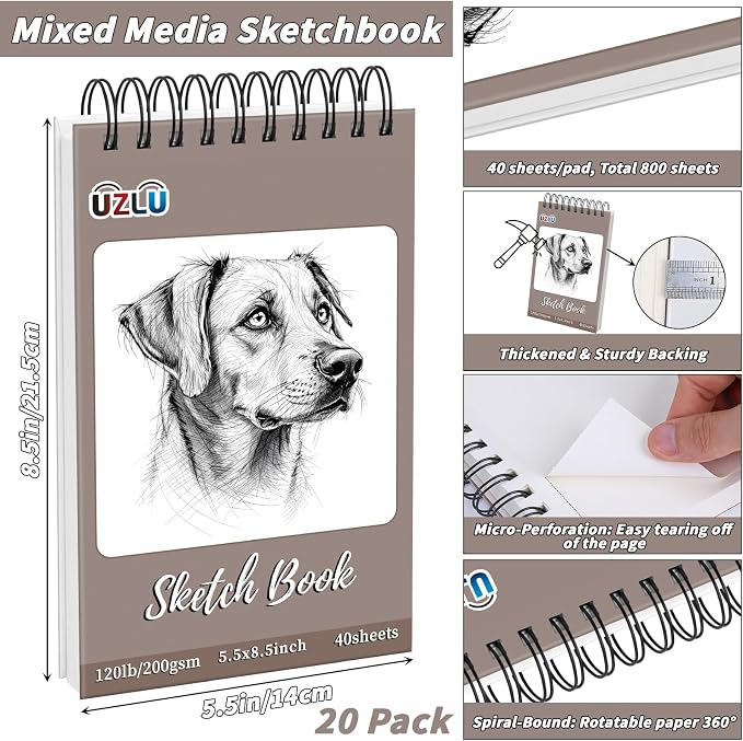 20 Pack 800 Sheets Heavyweight Sketchbook 5.5" x 8.5" 200GSM Very Thick Mixed - Image 2
