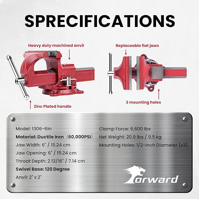 Forward 1306 6 Inch Home Vise Ductile Iron 6" Bench Vise Homeowner's Vice with Anvil and Swivel Base