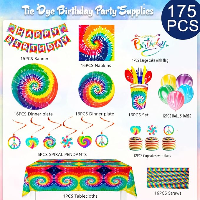 175pcs Tie Dye Birthday Party Supplies, 16 Guests Tie Dye Party Tableware - Image 2