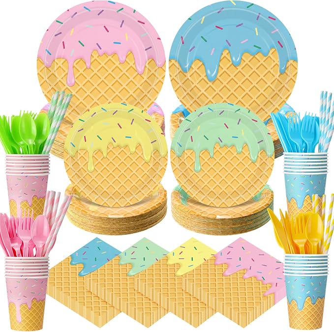 450 Pcs Ice Cream Tableware Set Decorations Summer Ice Cream Cone Paper Plates by Unknown