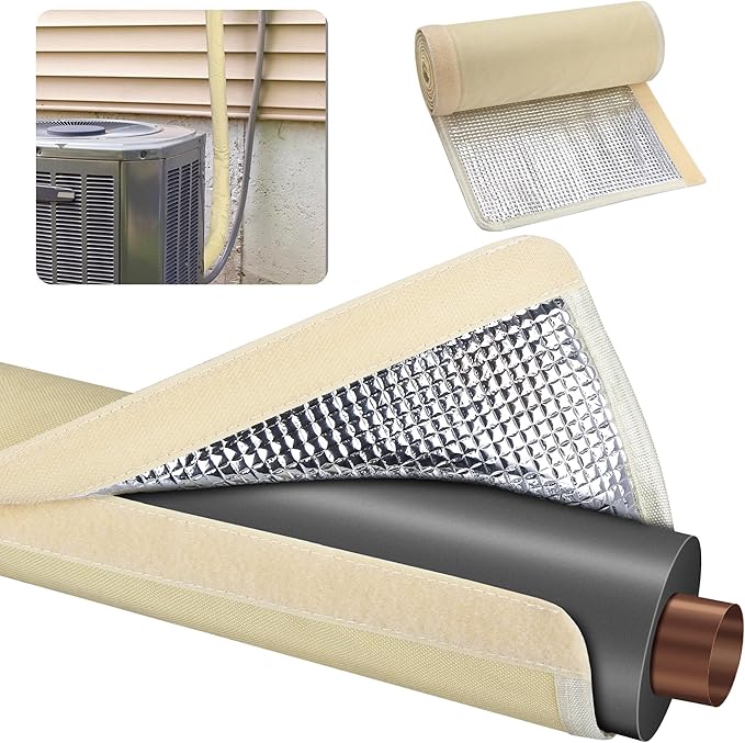 3 Layers HVAC Copper Pipe Insulation Cover Protector,Flexible AC Copper Line Insulation Sleeve,600D Oxford 72x10.2 Inch AC Pipe Insulation Wrap for Outside Central Air Conditioning Splits Khaki