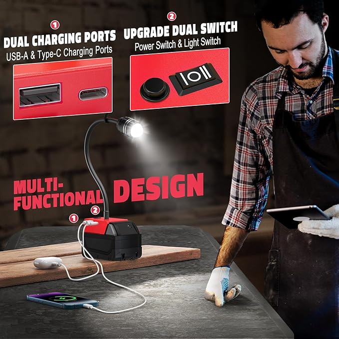 LIVOWALNY 2000LM LED Work Light Compatible with Milwaukee 18V Battery, 20W Flood Light, 12" Flexible Gooseneck, Flashlight Lights with USB-A & Type-C Charging Port, Low Voltage Protection (No Battery)