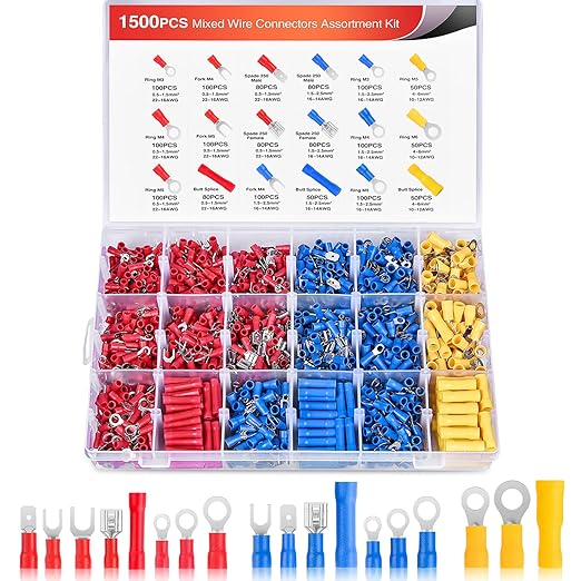 Nilight 1500pcs Mixed Quick Disconnect Crimp Connector Butt Splice Ring Fork Spade Bullet Piggy Back Assortment Kit 22-10 AWG Insulated Wire Terminal for Automotive Wiring