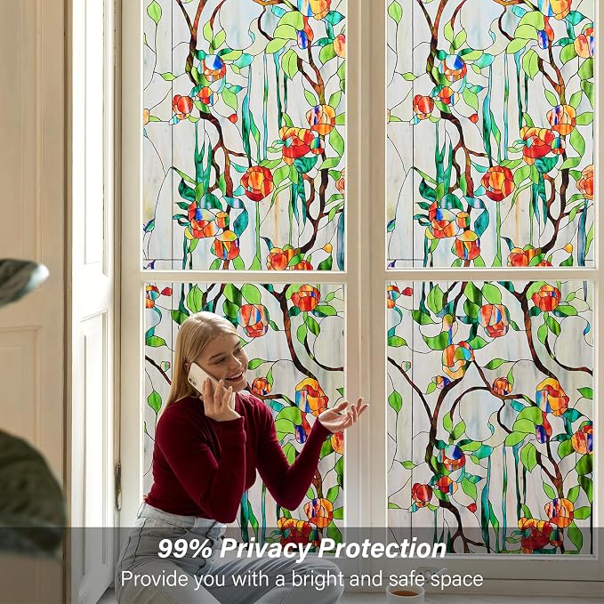 Kromapolis Window Privacy Film Stained Glass Faux 3D Rose Decorative UV Sun - Image 2