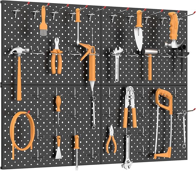 TORACK 4Pcs 12"x16" Metal Pegboard Panels for Garage, Workbench, Shop, Shed Tool Organizer Peg Board with 1/8" & 1/4" Holes, Modular Wall-Mounted Pegboard for Pegboard Hooks (Black)