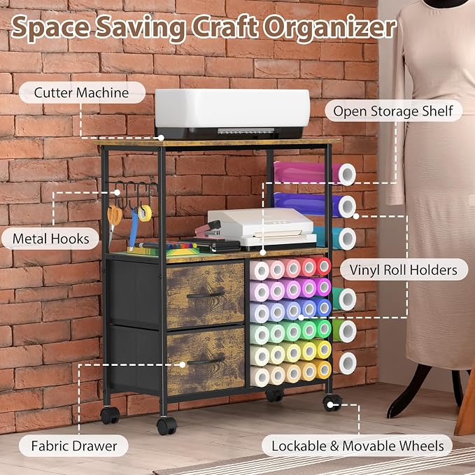 Craft Table Compatible with Cricut Machines Rolling Craft Storage Cart with - Image 5