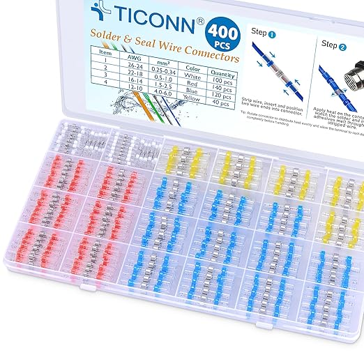 TICONN 400 Pcs Solder Seal Wire Connectors, Heat Shrink Butt Connectors, Waterproof and Insulated Electrical Wire Terminals, Butt Splice (400PCS)