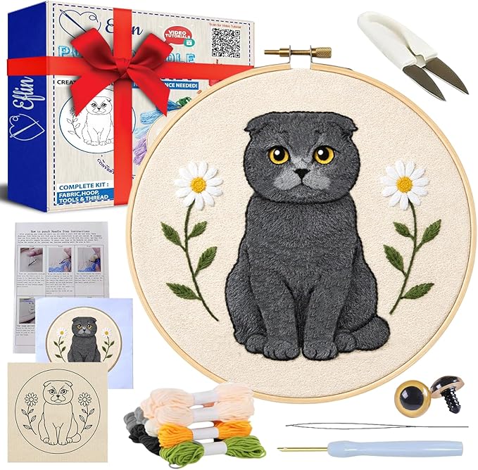 Eflin Punch Needle Kits Adults Beginner, Cute Scottish Fold Cat Punch Needle Kit by Unknown