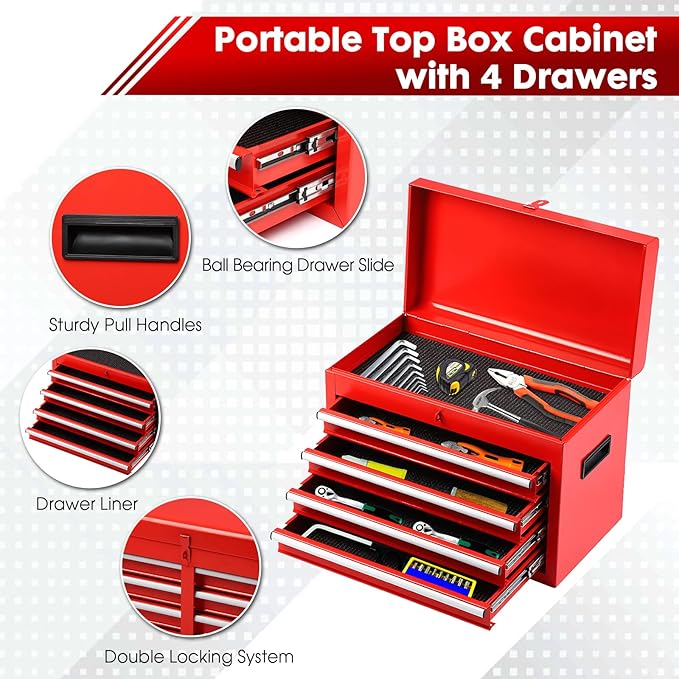 5-Drawer Rolling Tool Chest with Wheels - High Capacity Tool Cabinet with Detachable Top Toolbox for Garage and Workshop Organization - Metal Tool Cart with Liner & 4 Hooks, Red