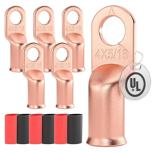 AIRIC UL Listed 4 AWG - 5/16" Battery Cable Lugs, Heat Shrink Ring Terminals End, Copper Cable Ends, Wiring Connector Terminal, Electrical Crimp Connectors, Wire Lug for 4 Gauge Wires, 6 PCS