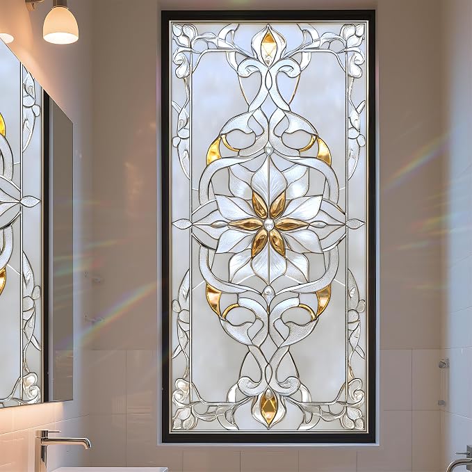 Stained Glass Window Privacy Film: Non-Adhesive Sun and Landscape Mosaic Design by AOHMPT