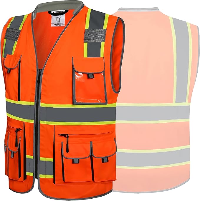 JKSafety 10 Pockets Class 2 Hi-Vis Zipper Front Safety Vest | Cushioned Collar | High Reflective Tapes with Extended Neon Yellow Strips | Meets ANSI/ISEA Standards (Medium, 89-Orange)