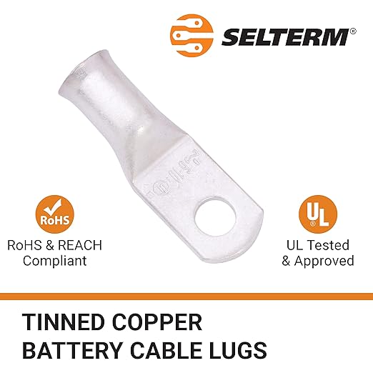 SELTERM 10pcs 6 AWG-#10 Stud Tinned Copper Wire Lugs, Heavy Duty Battery Cable Ends,6 Gauge Ring Terminals, UL Battery Lugs Marine Grade Copper Eyelets Electrical Battery Terminal Connectors