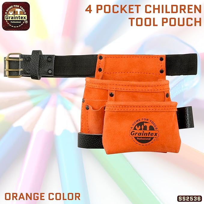 Graintex 4 Pocket Children Tool Pouch Suede Leather with Leather Belt and Hammer Loop