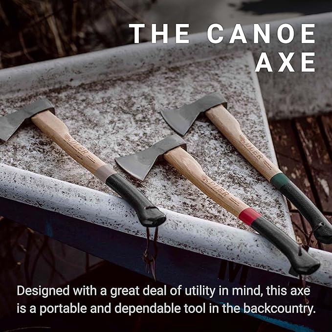 The Canoe Axe - German Made Bushcraft, Kindling, Camping & Hiking Axe, Leather Sheath, German Made, Anti-Slip 19.5" Hickory Wood Handle, 1.35 Pound Head (Red Stripe)