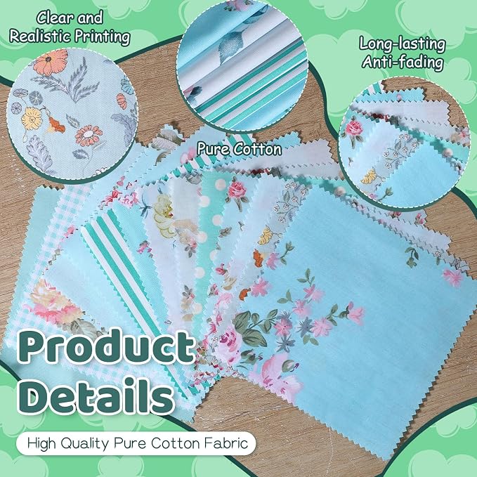 84 Pcs Green Floral Patterns Cotton Fabric Squares, Cotton Quilting Fabric - Image 3