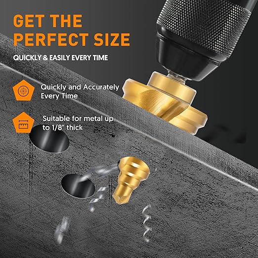 INTHEEND 10 Sizes Step Drill Bit 1/4"–1-3/8", 1/4" Hex Shank HSS Spiral Grooved Steps Drill Bit, Titanium Coating, Large Step Drill Bit for Hole Drilling Cutting for Metal, Aluminum, Wood, Plastic