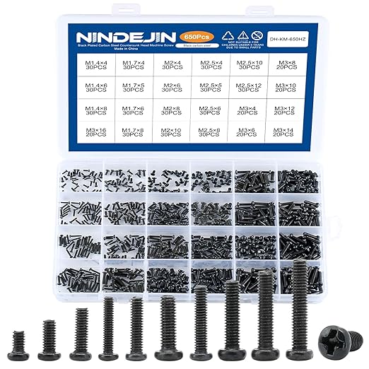 NINDEJIN 650 pcs Laptop Screw Kit, Replacement Computer Notebook Miniature Screws, M1.4 M1.7 M2 M2.5 M3 Note PC Motherboard Round Pan Head Phillips Fasteners Set