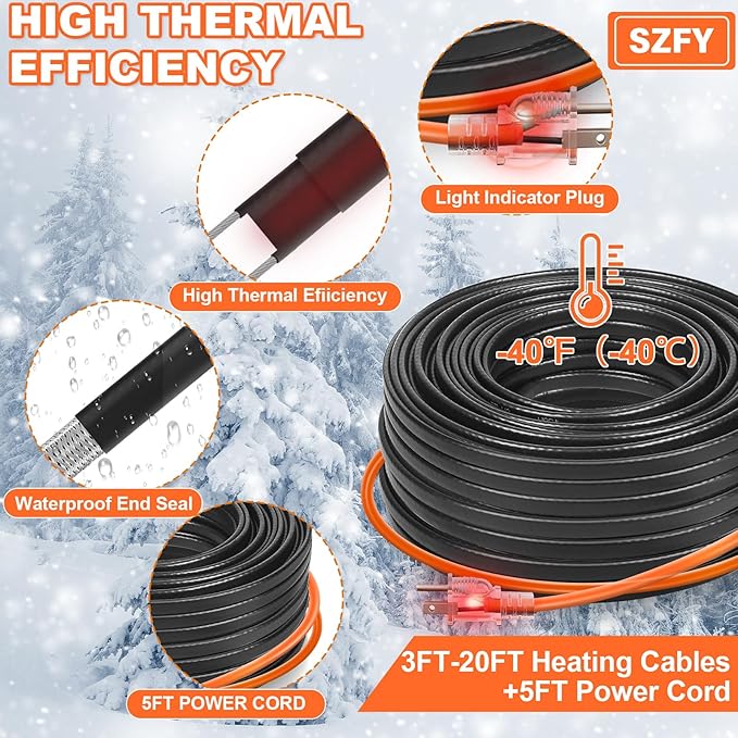 80FT Heat Tape for Water Pipes, -40°F Deicing Cable,Pipe Heating Cables for Roof,Gutter，Farm，Freeze Protetion Heat Trace Cable, Heated Water Hose,Plumbing Fixtures,120V 5W/FT