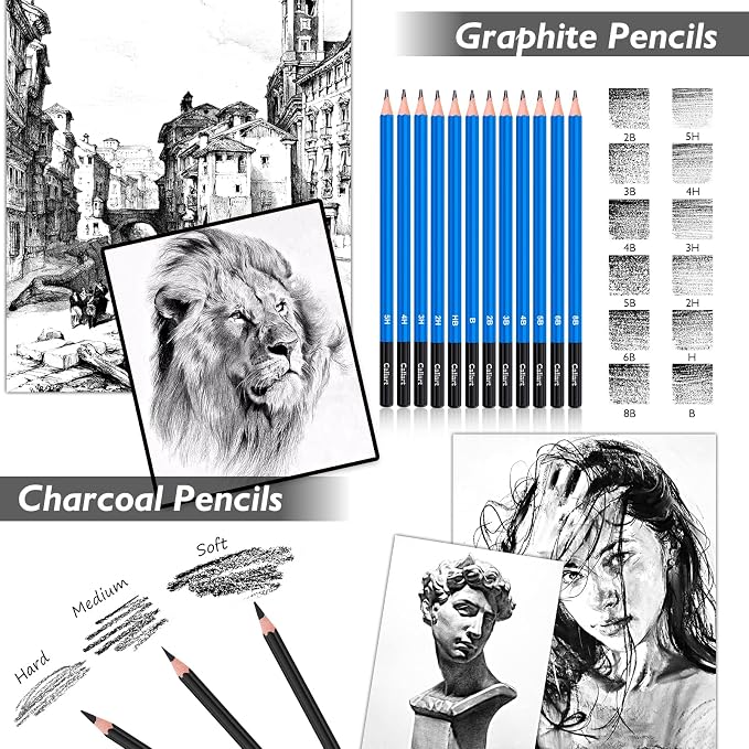 Caliart 176PCS Art Supplies Sketching Kit, 100 Sheets 3-Color Sketch Book | - Image 4