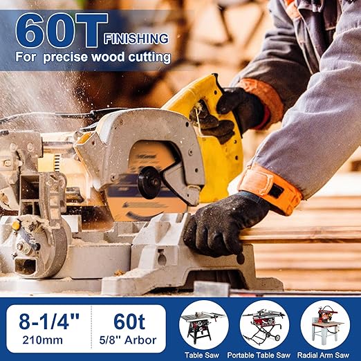 8-1/4-Inch Circular Saw Blade 60 Tooth Fine-Finish TCT Carbide-Tipped Table Saw Blade with 5/8" Arbor for Wood Cutting