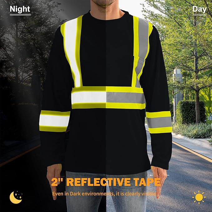 Hi Vis Safety Long Sleeve Shirts，High Visibility Class 3 T Shirts with Reflective Strips and Pocket, Quick Dry Mesh Construction Work Shirt for Men/Women (Black,5XL)