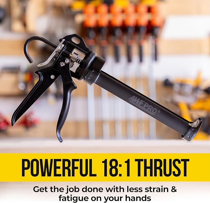 AWF PRO Heavy Duty Caulk Gun, 18:1 Thrust Ratio, Steel Frame Construction, Rotating Barrel, Ladder Hook, Puncture Tool & Dripless Pressure Release Tab (Pack of 1, 10 oz Caulking Gun)