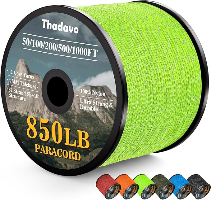 Reflective Paracord Rope 850Ib, 50/100/200/500/1000ft 4MM 11 Strand Parachute Spool Cords, Paracord Lanyard String for Tent, Camping, Hiking, Fishing, Survival Bracelet, Neon Green 500FT