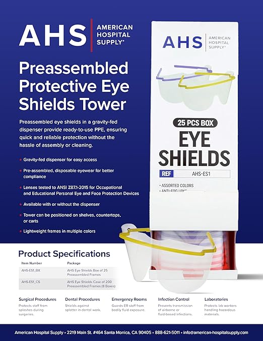 Eye Shield [Box of 25] Pre-Assembled Eye Protective Glasses, Protective Eyewear PPE for Hospitals with Optical-Grade Lenses, Lightweight Frame | Eye Protection Equipment